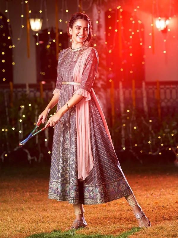 AURELIA Gunmetal-Toned & Peach-Coloured Ethnic Motifs Ethnic Maxi Ethnic Dress with Shawl Classic Plain Shawl Wrap AURELIA Gunmetal-Toned & Peach-Coloured Ethnic Motifs Ethnic Maxi Ethnic Dress with Shawl Classic Plain Shawl Wrap