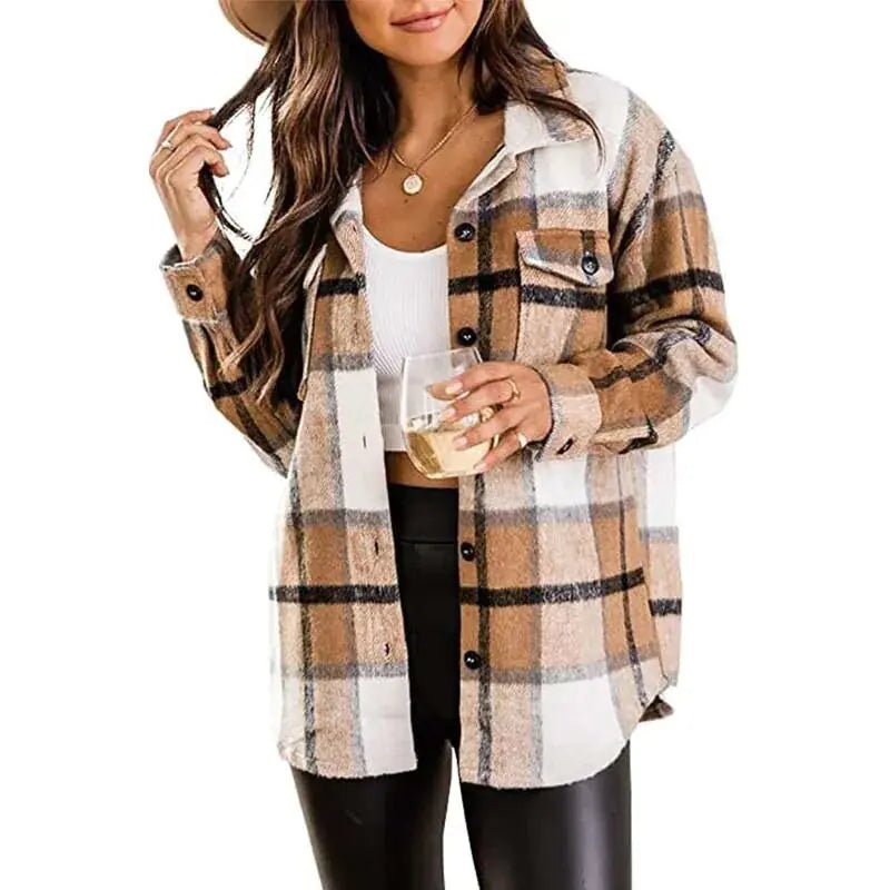 Women Flannel Casual Plaid Button Down Long Sleeve Woolen Shirt Vintage Elegant Fashion Jacket Coat Fashion Woman Blouse Insulated Jacket Fitted Jacket Loose Jacket