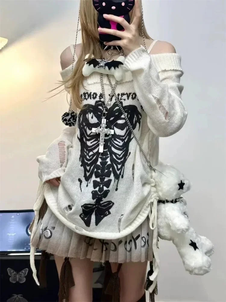 Advbridge Y2k Harajuku Gothic Knitted Pullovers Women Japanese Fashion Sexy Skull Off The Shoulder Punk Girls Hole Loose Sweater Flare Sleeve Stylish Advbridge Y2k Harajuku Gothic Knitted Pullovers Women Japanese Fashion Sexy Skull Off The Shoulder Punk Girls Hole Loose Sweater Flare Sleeve Stylish