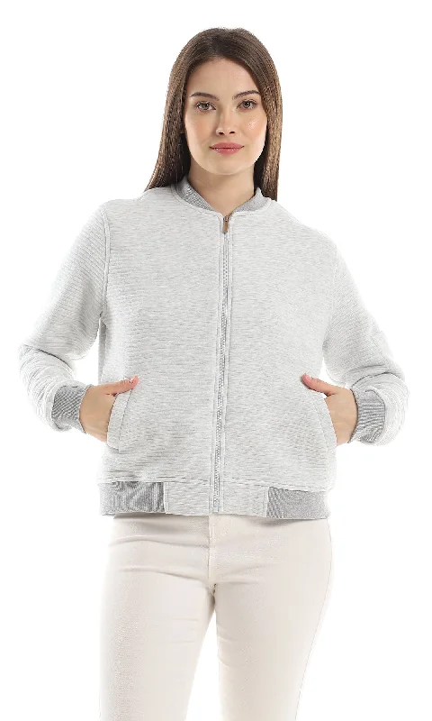 O163105 Grey Shades Self Ribbed Band Neck Cotton Jacket Tiered Jacket Buttoned Jacket Zippered Jacket