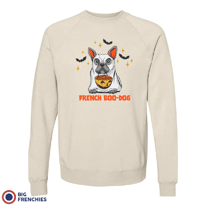 French Boo-Dog Halloween Unisex Organic Cotton Sweatshirt Hoodie with Hem Frayed Vintage Worn