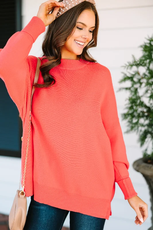 Perfectly You Coral Orange Mock Neck Sweater Front Pockets Side Pockets Patch Pockets Perfectly You Coral Orange Mock Neck Sweater Front Pockets Side Pockets Patch Pockets
