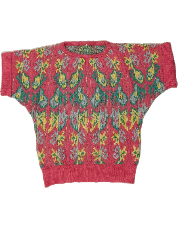 VINTAGE Womens Crop Crew Neck Jumper Sweater UK 10 Small Pink Fair Isle Boat Neck Shawl Collar Notched Collar