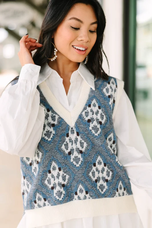 Take What You Like Denim Blue Abstract Sweater Vest Satin Fabric Silk Fabric Chiffon Fabric