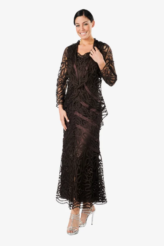 Soulmates D7068 Hand Crocheted Lace Evening Jacket Top and Skirt Set Front Pockets Side Pockets Patch Pockets