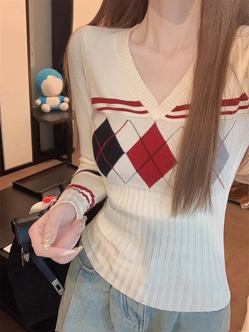 Advbridge Vintage V Neck Sweater Women Coquette Diamond Patterned Knitted Pullover Sweet Christmas Sueter Mujer Long Sleeve Tops Oblong Neck Pullover Advbridge Vintage V Neck Sweater Women Coquette Diamond Patterned Knitted Pullover Sweet Christmas Sueter Mujer Long Sleeve Tops Oblong Neck Pullover