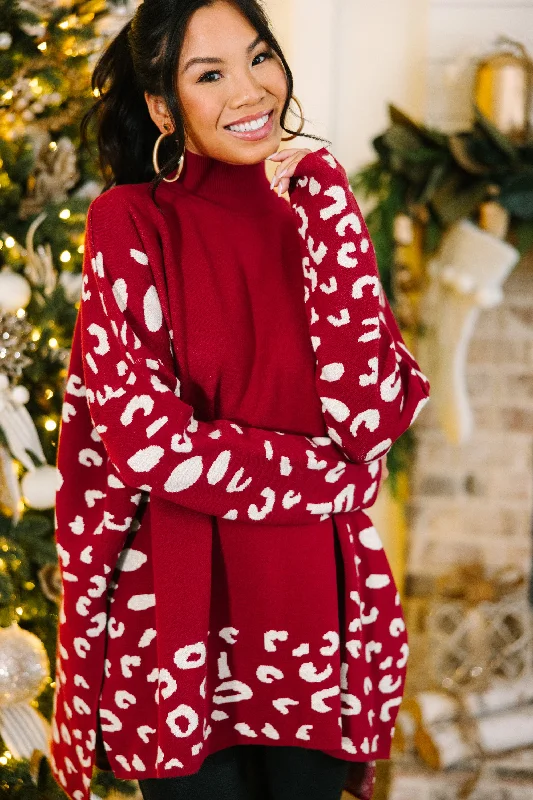 All In Theory Red Leopard Sweater Tunic Fitted Loose Oversized