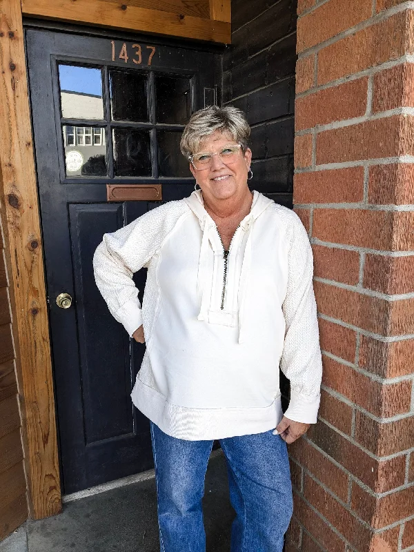 Ziggy Sleeve Hooded Sweatshirt - Plus - Ecru Hoodie with Thumb Holes Functional Cozy
