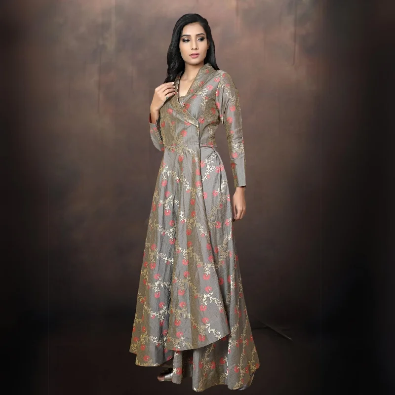 Iniya Shawl Collar Angarakha | Perfect for Festive Occasion | Taupe Lightweight Silk Shawl Iniya Shawl Collar Angarakha | Perfect for Festive Occasion | Taupe Lightweight Silk Shawl