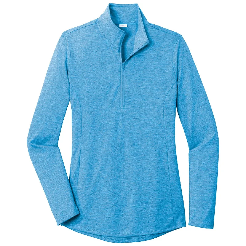 Sport-Tek Women's Pond Blue Heather PosiCharge Tri-Blend Wicking 1/4-Zip Pullover Square Neck Pullover Sport-Tek Women's Pond Blue Heather PosiCharge Tri-Blend Wicking 1/4-Zip Pullover Square Neck Pullover