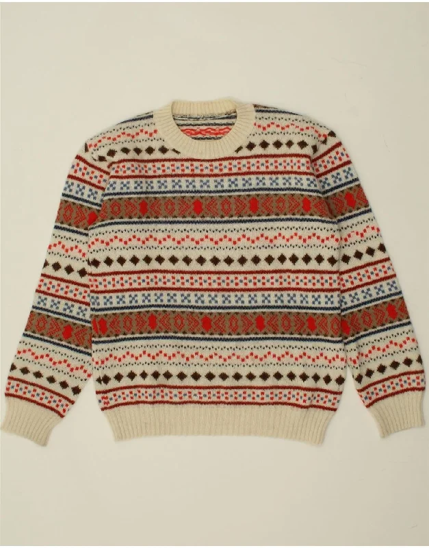 VINTAGE Womens Crew Neck Jumper Sweater UK 14 Medium Off White Fair Isle Cotton Fabric Linen Fabric Terry Fabric