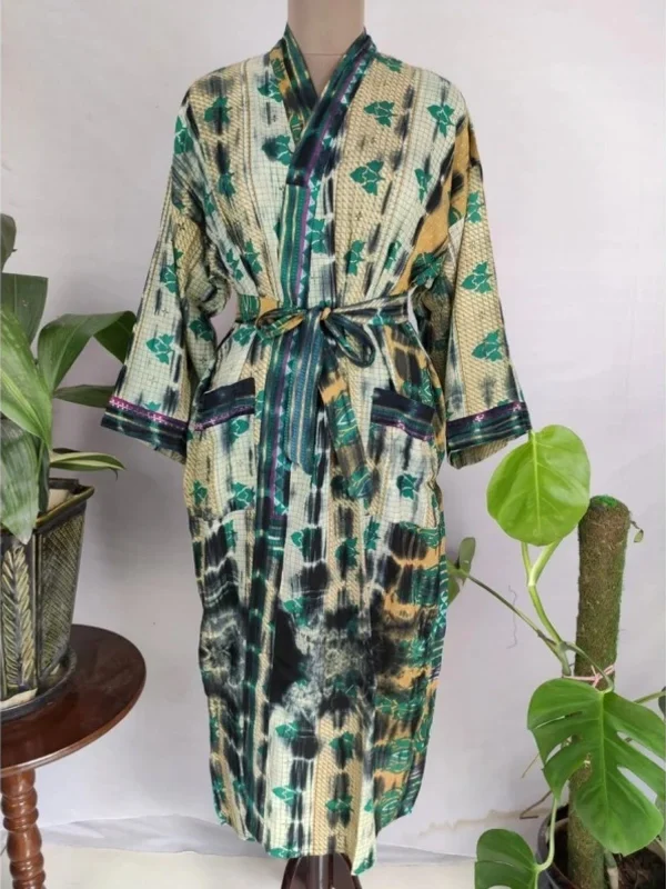 Recycled Pure Cotton Vintage Kimono Open Jacket Boho Summer TieDye House Robe, Beach Coverup | Beige Green Floral Motif Style Print Ribbed Jacket Pleated Jacket Ruffled Jacket