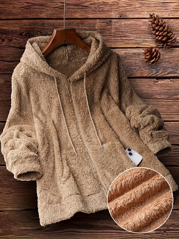 Cozy Winter Zip-Up Hoodie with Drawstring, Stretch Casual Coat with Slant Pockets - Women's Solid Color Outerwear Hoodie with High-Low Hem Asymmetrical Trendy