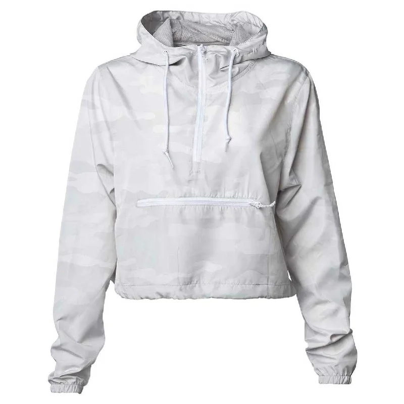 Independent Trading Co. Women's White Camo Lightweight Pullover Crop Windbreaker Ribbed Crew Neck Independent Trading Co. Women's White Camo Lightweight Pullover Crop Windbreaker Ribbed Crew Neck