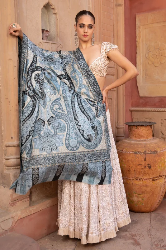 Pashtush Womens Kalamkari Shawl, Outline Hand Embroidery, Intricate Paisley Work, Azure Comfortable Embroidered Shawl