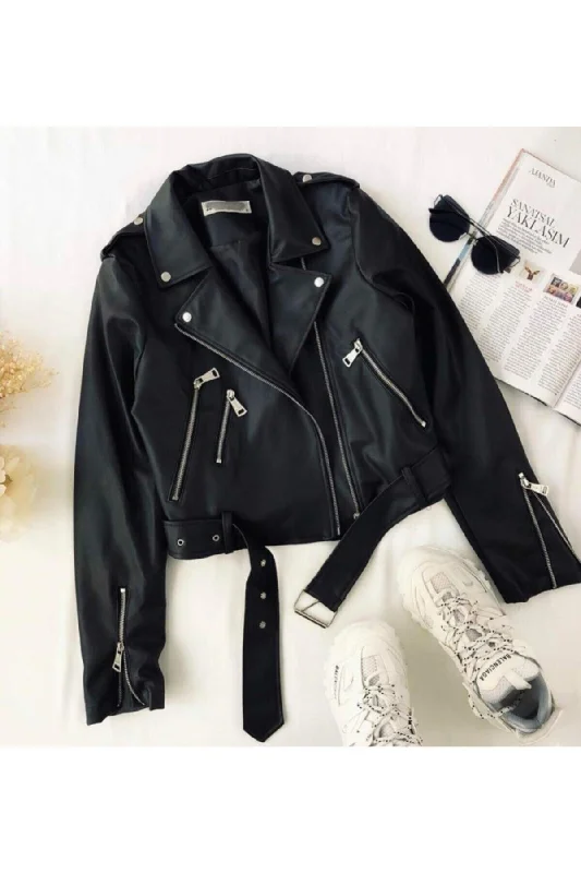 Women's Black Belted Leather Coat Jacket Snapped Jacket Toggled Jacket Drawstring Jacket