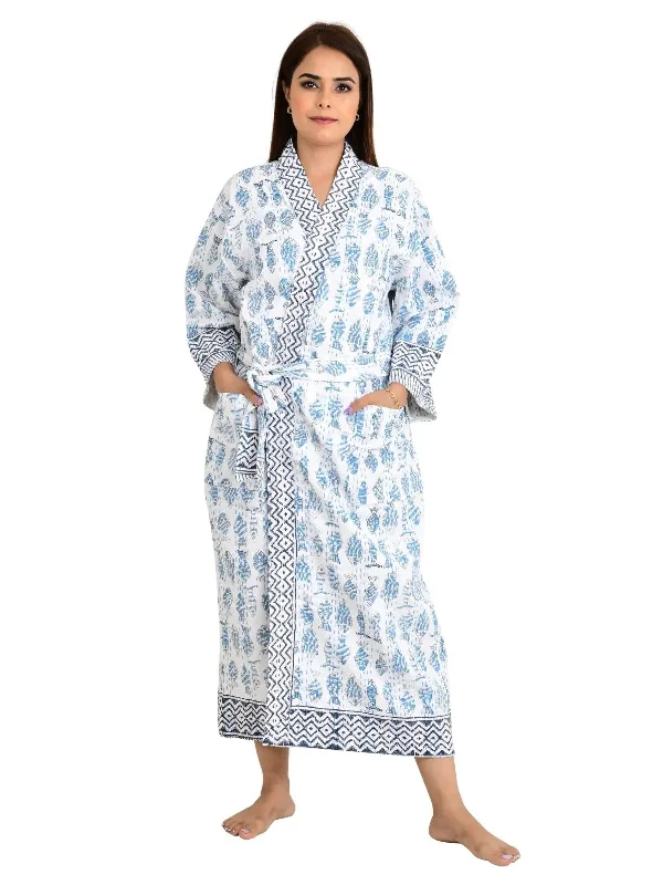 Kantha Stitch 100% Cotton Reversible Long Kimono Women Jacket | Handmade Stitch Robe | Unisex Gift | White Blue Fish Print Welt Pockets Slit Pockets Flap Pockets