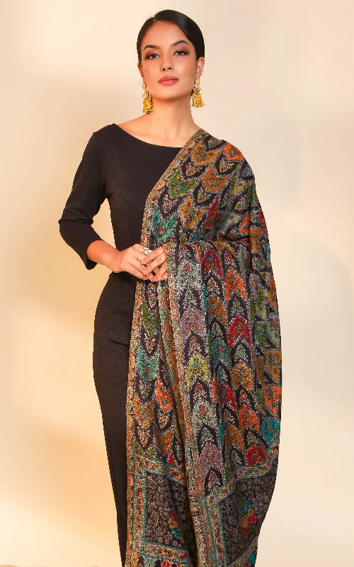 Pashtush women pure wool, woolmark certified shawl, ethnic weave design, black Chic Embroidered Shawl Wrap