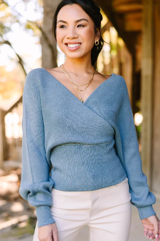 What You Love Light Teal Blue Wrap Sweater Print Jacquard Patchwork