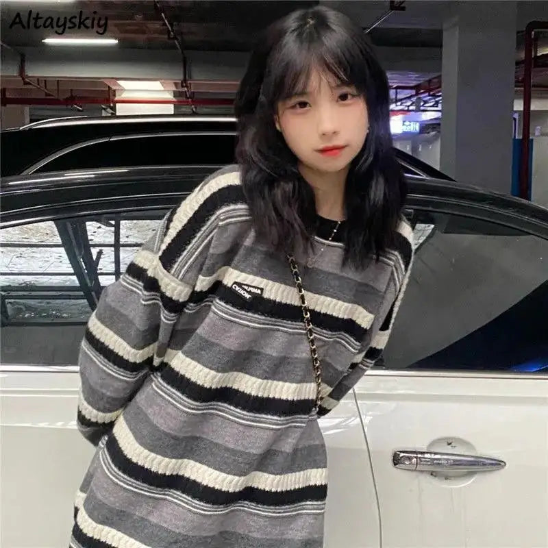 Advbridge Pullovers Women Striped Loose Teens Winter Sweater Streetwear Cool Unisex College Korean Fashion All-match Tender Casual Retro Ruffled Neck Pullover Advbridge Pullovers Women Striped Loose Teens Winter Sweater Streetwear Cool Unisex College Korean Fashion All-match Tender Casual Retro Ruffled Neck Pullover