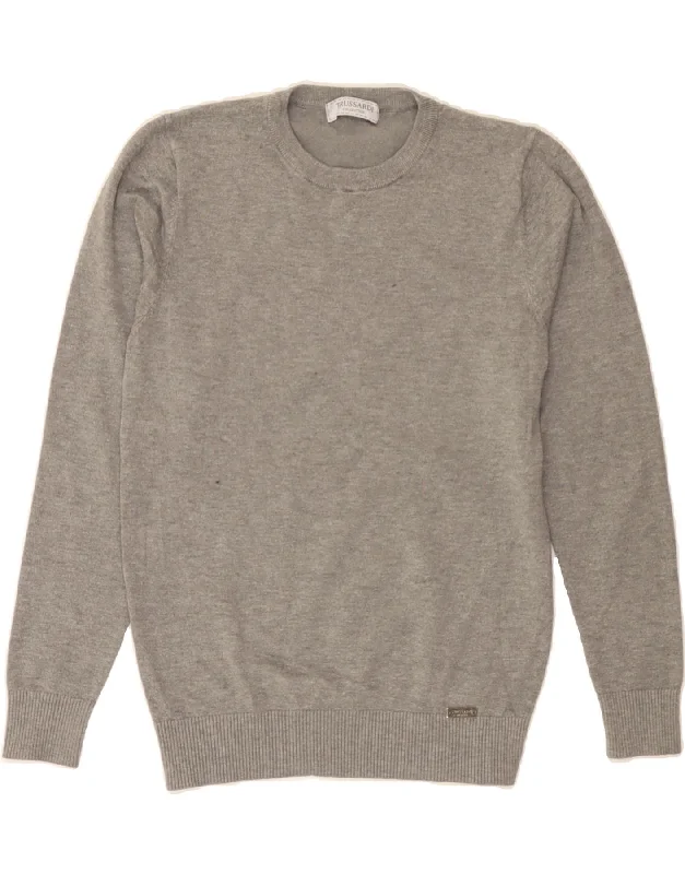 TRUSSARDI Womens Crew Neck Jumper Sweater UK 14 Medium Grey Solid Print Embellished