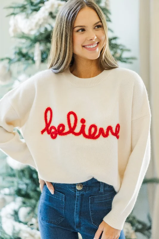 Believe Cream Script Sweater Embroidered Appliqued Beaded