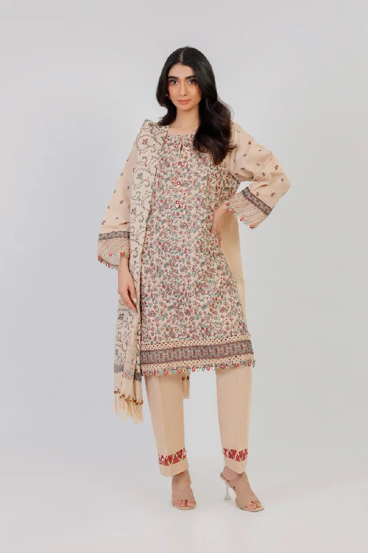 3 Pc Embroidered Khaddar Suit With Shawl Casual Cotton Shawl