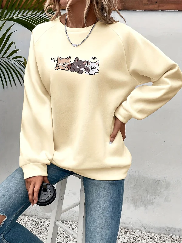 Cozy Fall/Winter Cat Print Sweatshirt - Easy-Care, Micro-Elastic, Casual Style for Women Hoodie with Applique Textured Unique