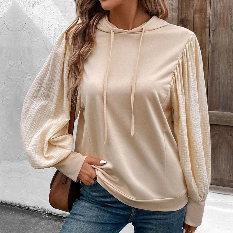 IKEARLAX ,   New new product autumn pullover hoodie foreign trade splicing bubble sleeve hooded sweater women Hoodie with Belted Waist Structured Tailored