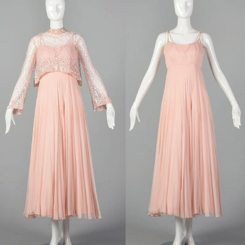 1970s Alfred Bosand Pink Silk Dress with Matching Jacket Boat Neck Shawl Collar Notched Collar