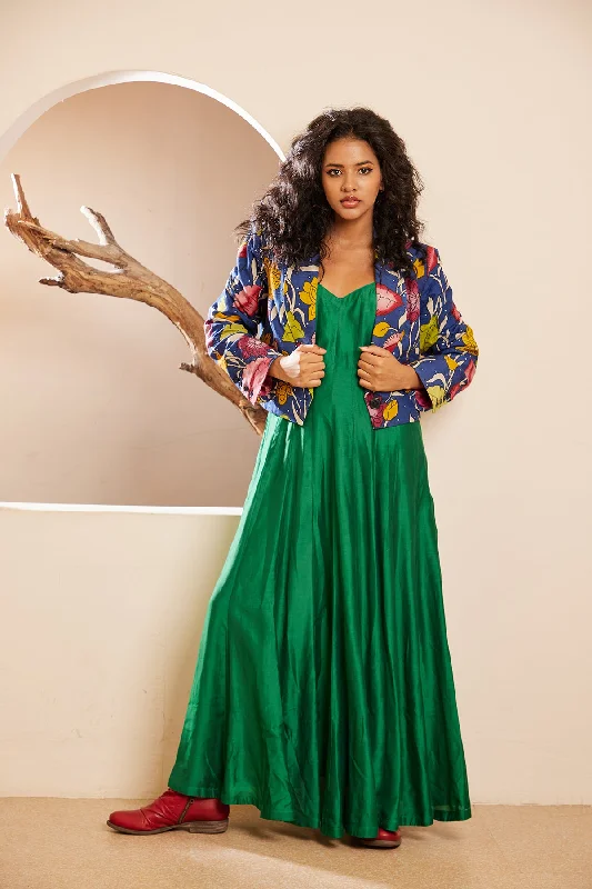 Chennai Green Muslin Dress with Silk Handpainted Mirror Embroidered Jacket Denim Jacket Leather Jacket Suede Jacket