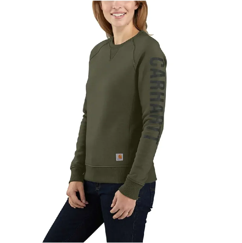 CARHARTT WOMEN'S RELAXED FIT MIDWEIGHT CREWNECK BLOCK LOGO SLEEVE GRAPHIC SWEATSHIRT BASIL HEATHER 104410 Hoodie with Reflective Safety Nightwear