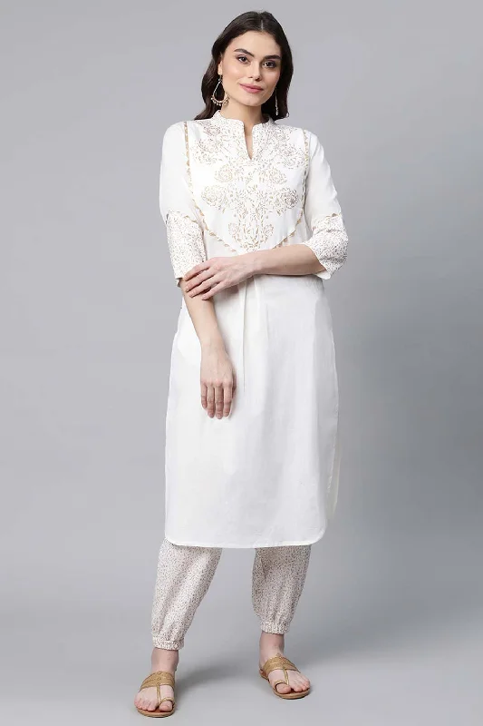 Off-white Pure Cotton Printed Kurta With Trousers Trousers Timeless Classic