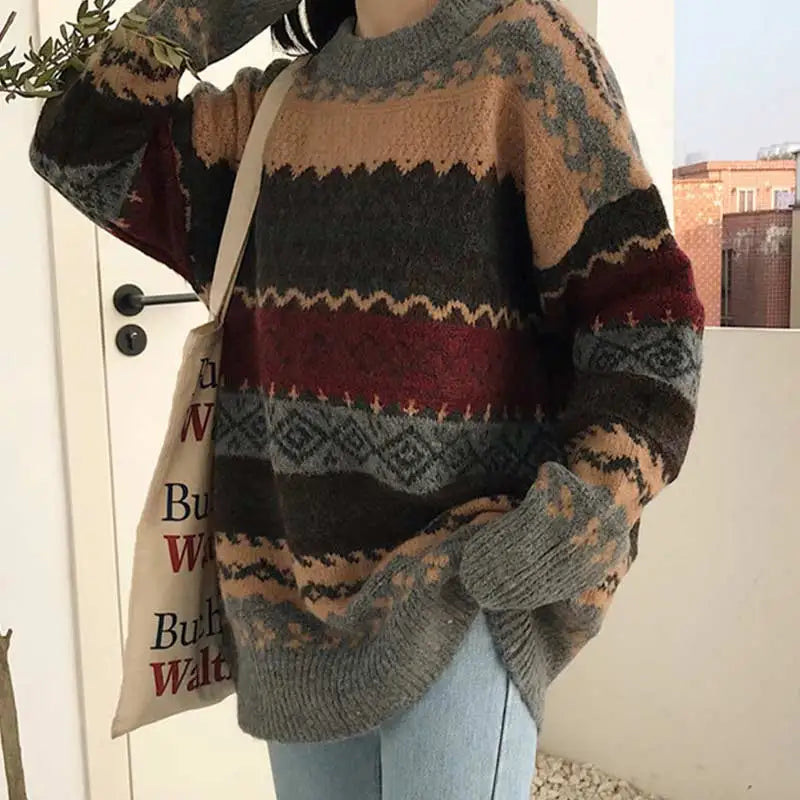 Advbridge Vintage Sweaters Women Pullover Winter Striped Jumpers Korean Style Loose Pullover Knitwear Casual Loose Sweater Pull Femme Notched Neck Pullover Advbridge Vintage Sweaters Women Pullover Winter Striped Jumpers Korean Style Loose Pullover Knitwear Casual Loose Sweater Pull Femme Notched Neck Pullover