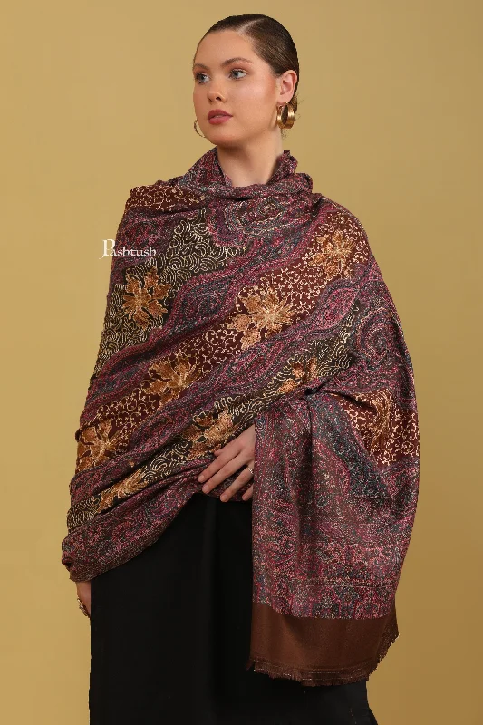 Pashtush Womens Faux Pashmina Shawl, With Aari Design, Brown Warm Knit Shawl Scarf