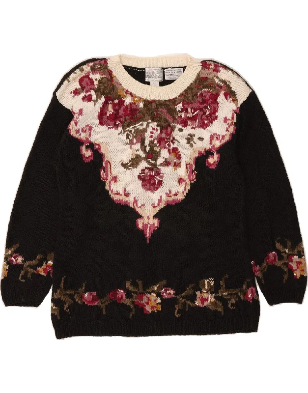PARIS SPORT CLUB Womens Boat Neck Jumper Sweater UK 14 Medium Black Floral Machine Wash Dry Clean Hand Wash