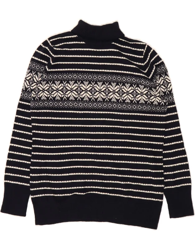L.L.BEAN Womens Roll Neck Jumper Sweater UK 16 Large Navy Blue Fair Isle Houndstooth Herringbone Solid