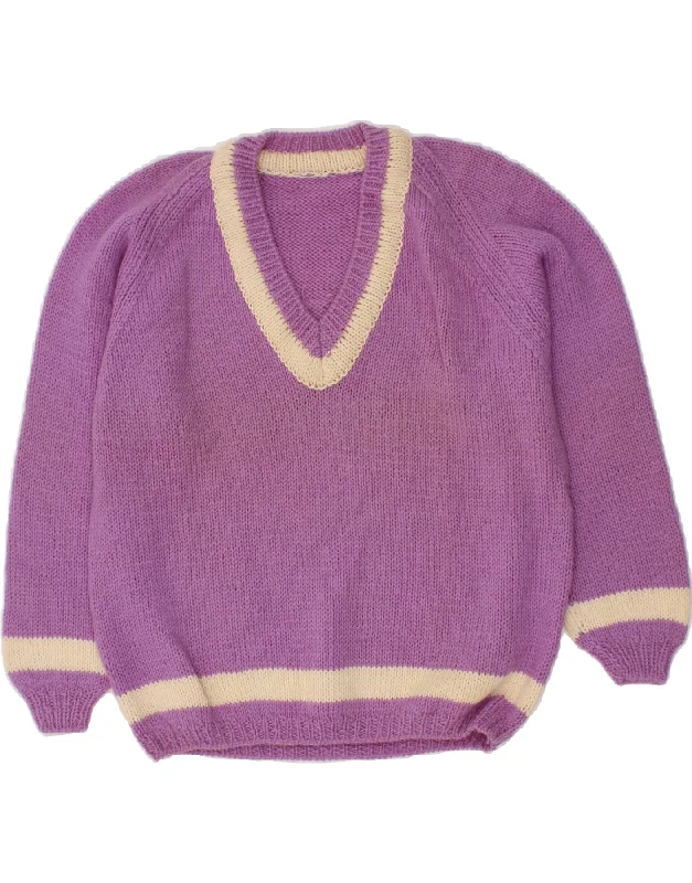 VINTAGE Womens V-Neck Jumper Sweater UK 16 Large Purple Colourblock Solid Print Embellished