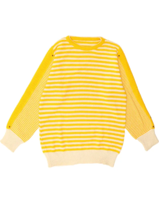 VINTAGE Womens Boat Neck Jumper Sweater UK 16 Large Yellow Striped Wool Cotton Fabric Linen Fabric Terry Fabric