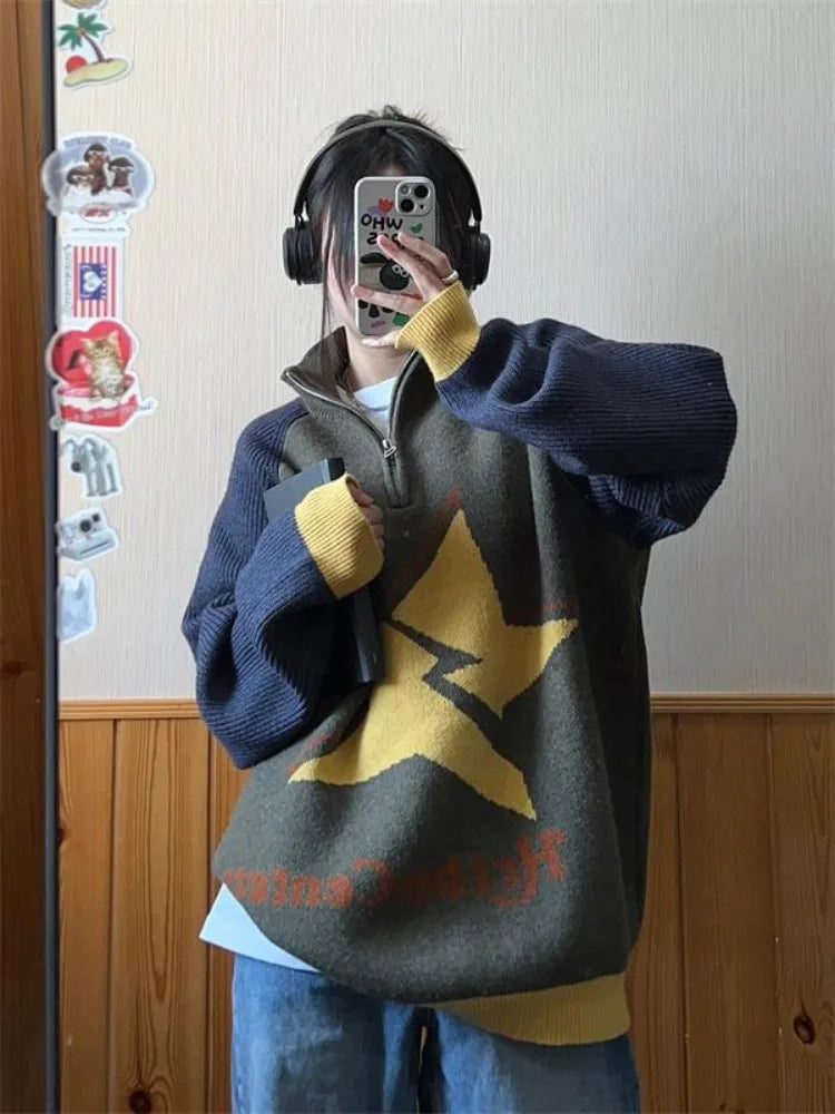 Advbridge Vintage Patchwork Women Sweaters Y2k Oversized Japanese Style Knitted Pullovers Retro Harajuku Aesthetic Zipper Jumpers Honey Neck Pullover Advbridge Vintage Patchwork Women Sweaters Y2k Oversized Japanese Style Knitted Pullovers Retro Harajuku Aesthetic Zipper Jumpers Honey Neck Pullover