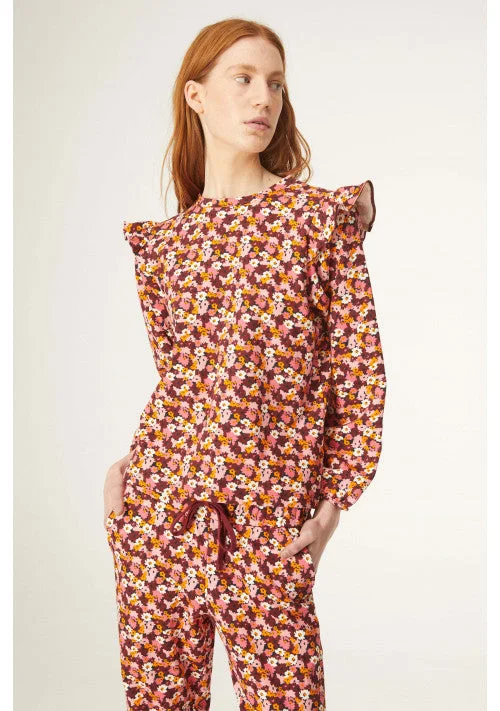 Vintage Floral Plush Sweatshirt with Ruffle Hoodie with Set-In Sleeves Structured Classic