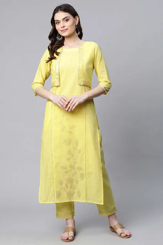 Yellow Pure Cotton Printed Floral Kurta With Trousers Trousers chic fashionable