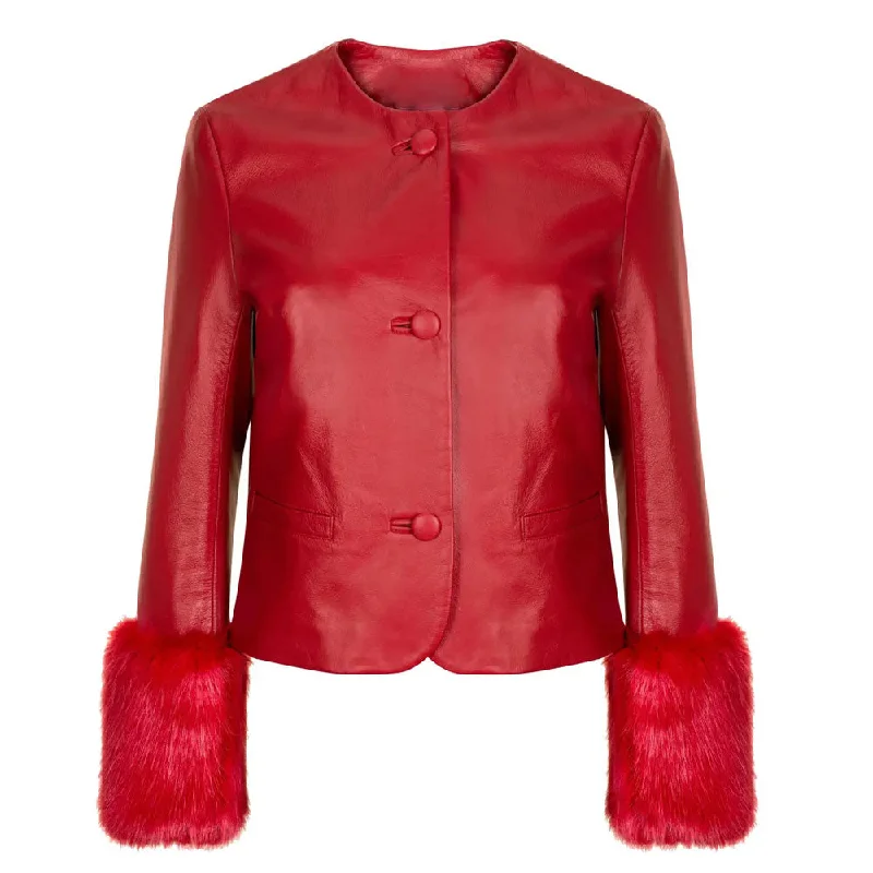 Women's Red Leather biker jacket with Faux Fur Belted Jacket Elasticated Jacket Padded Jacket