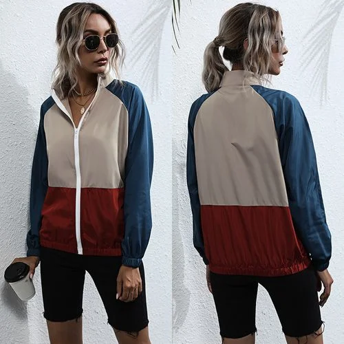 Women Contrast Color Stand-up Collar Jacket Coat Elasticated Jacket Padded Jacket Insulated Jacket