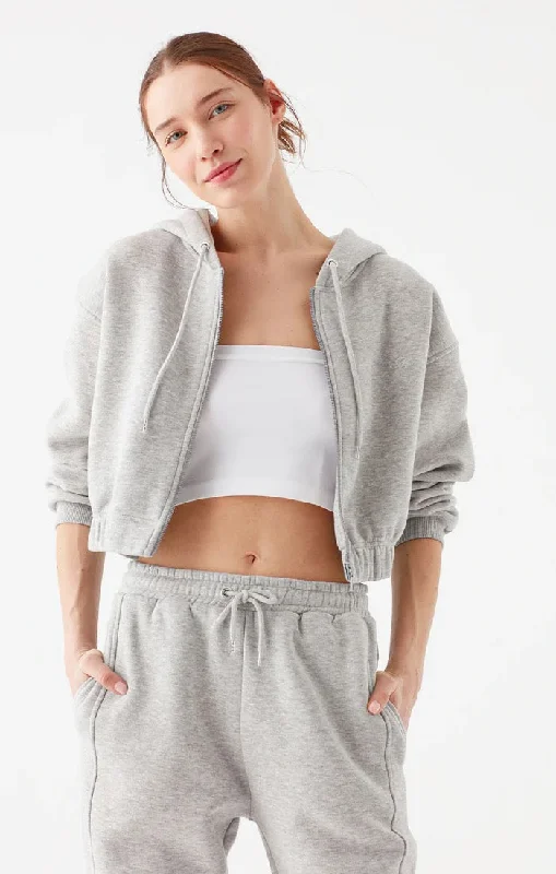 Regular Fit Cropped Zip Up Hoodie - Grey Melange Hoodie with Hem Elastic Stretchable Comfortable