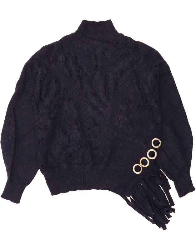 KAREN MILLEN Womens Turtle Neck Jumper Sweater UK 16 Large Navy Blue Ribbed Striped Patterned