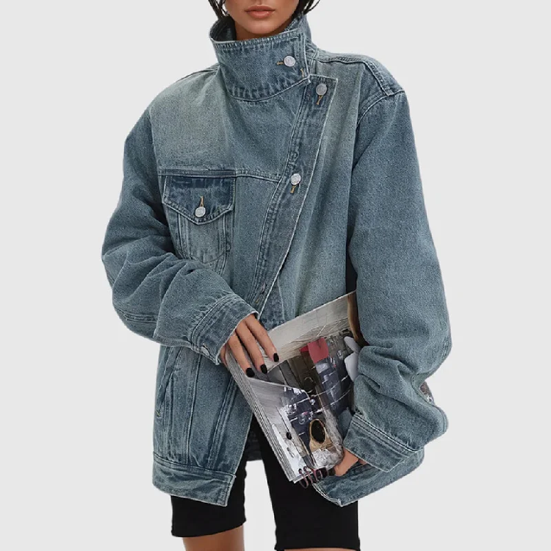 Asymmetrical High Collar Button Up Cutaway Washed Oversized Denim Jacket Print Jacket Jacquard Jacket Embroidered Jacket