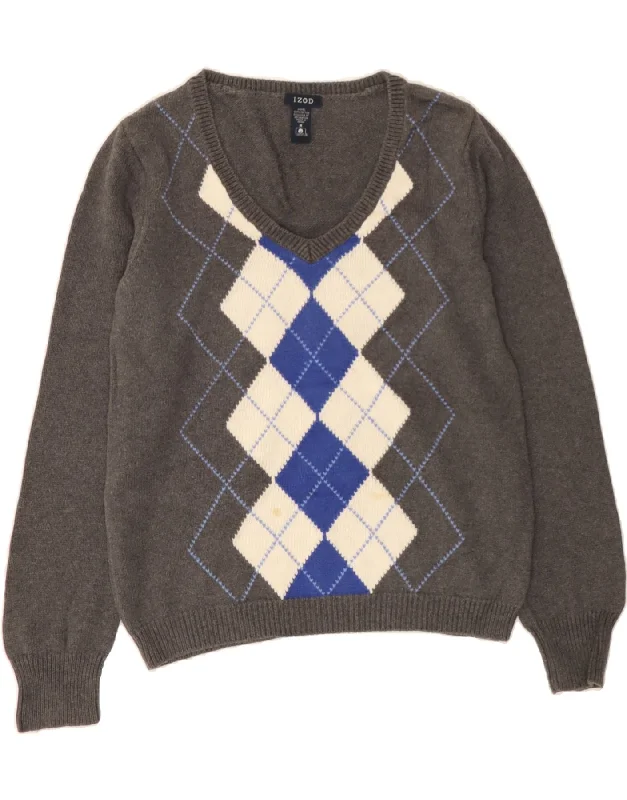 IZOD Womens V-Neck Jumper Sweater UK 14 Medium Grey Argyle/Diamond Cotton Collared Crew Neck Turtle Neck