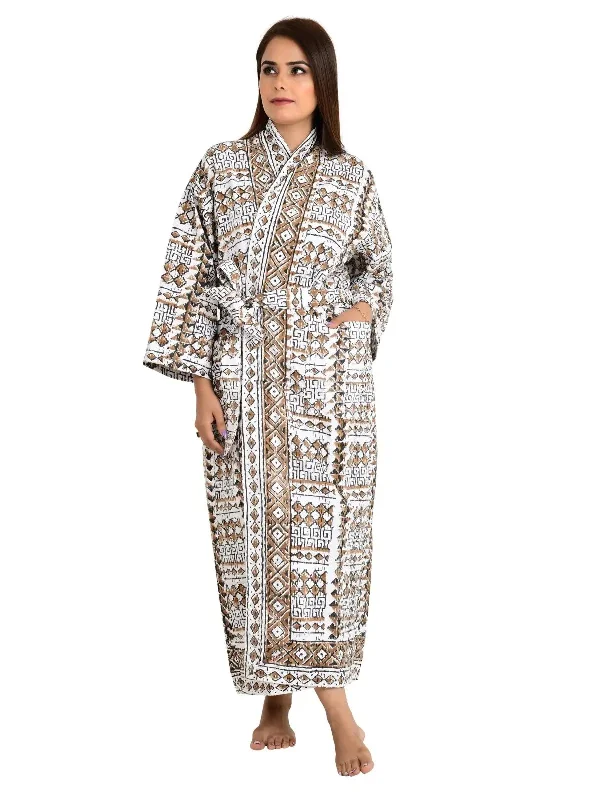 Kantha Stitch 100% Cotton Reversible Long Kimono Women Jacket | Handmade Stitch Robe | Unisex Gift | White Brown Geometric Pattern Denim Fabric Leather Fabric Suede Fabric