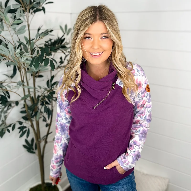 Keeping Promises Cotton Blend Long Sleeve Purple Avery Mae Cowl Neck Sweatshirt Hoodie with Half-Zip Sporty Casual